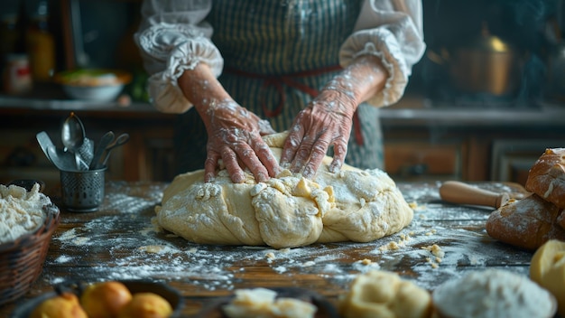 Foto un panadero anciano moldeando la masa en una cocina rústica