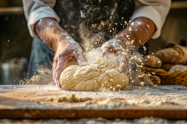 El panadero artesano amasa la masa con sabor