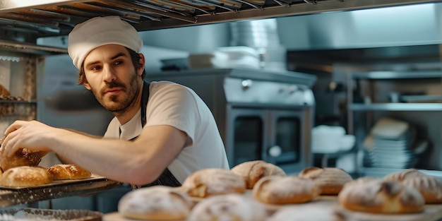 Foto un panadero artesano arreglando pan recién horneado en una acogedora panadería comida artesanal concepto de pequeña empresa retrato de estilo de vida ia