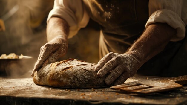 Un panadero artesano en delantal presentando pan recién horneado en una panadería rústica cálida