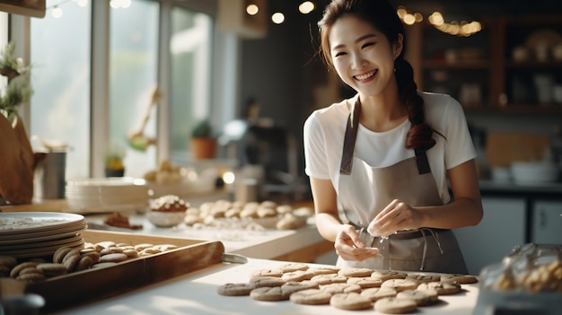 Panadero asiático sonriente preparando galletas en una cocina comercial