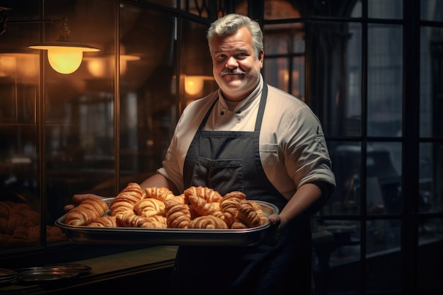 Foto un panadero con una bandeja llena de croissants frescos