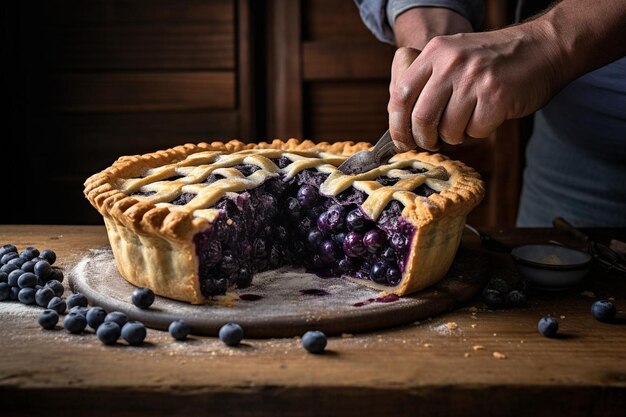 Foto un panadero cortando en un pastel de arándanos recién horneado mejor fotografía de imágenes de arádanos