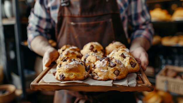 Un panadero con un delantal sostiene una bandeja de deliciosos panes de chocolate en una panadería acogedora