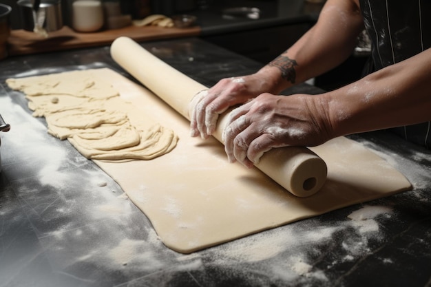 Panadero desplegando masa para hojaldres hojaldrados preparándose para cortar y rellenar creados con ai generativa