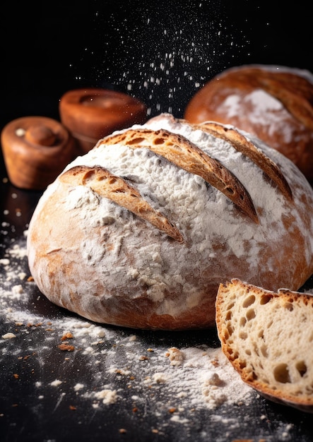 El panadero está haciendo en el horno pan de lechuga fresca con un lío de harina en la mesa Generativo Ai