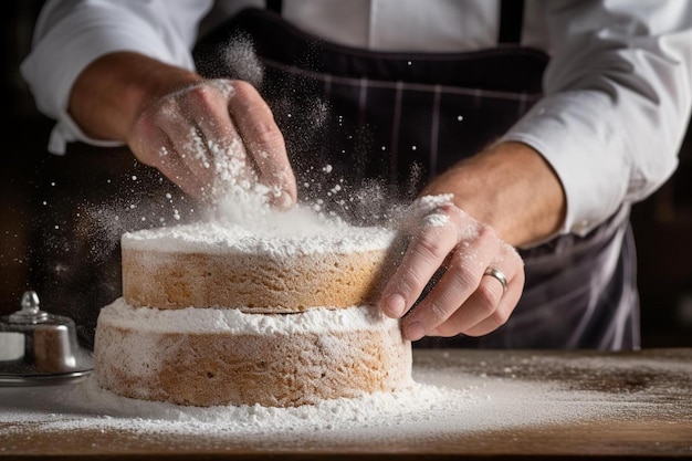 un panadero está haciendo pan con harina en la parte superior.