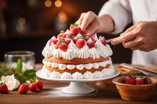 Un panadero haciendo crema batida en un pastel de fresa