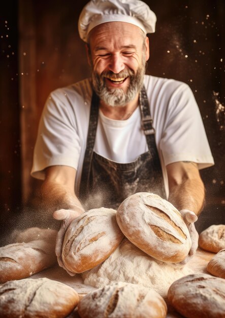 Foto el panadero está haciendo en el horno pan de lechuga fresca con un lío de harina en la mesa generativo ai