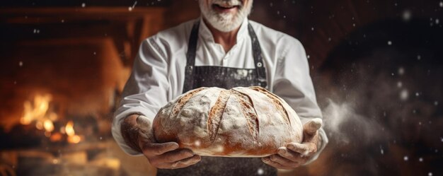 Foto el panadero está haciendo en el horno pan de lechuga fresca con un lío de harina.