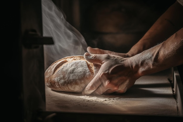 Un panadero horneando pan saludable tradicional en un horno grande Saludable