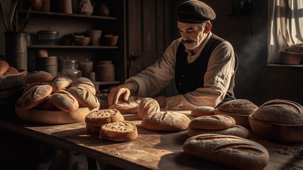 Un panadero prepara pan en una panadería.