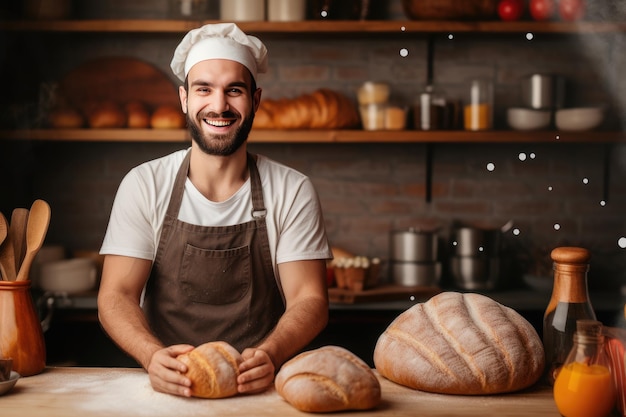 Un panadero profesional hornea un pan hermoso.