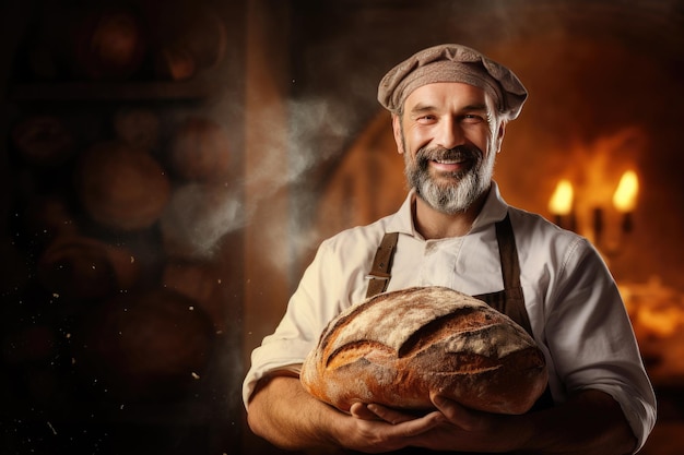 Foto un panadero profesional hornea un pan hermoso.