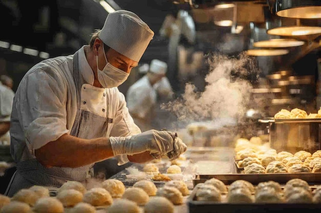 Un panadero con un sombrero de chef blanco y una máscara coloca pasteles en una bandeja