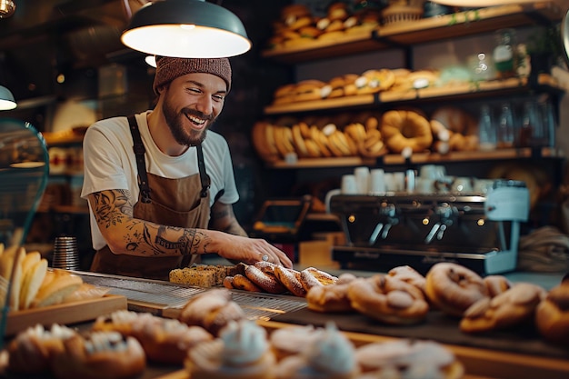 Un panadero sonriente y tatuado arregla pasteles en una tienda con IA generada