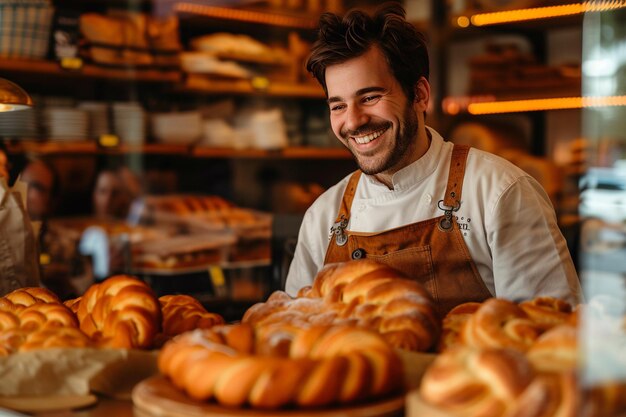 Un panadero sonriente y tatuado arregla pasteles en una tienda con IA generada