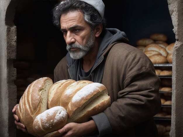 Foto el panadero con su pan recién horneado sabroso y fresco para deleitar el apetito de sus clientes