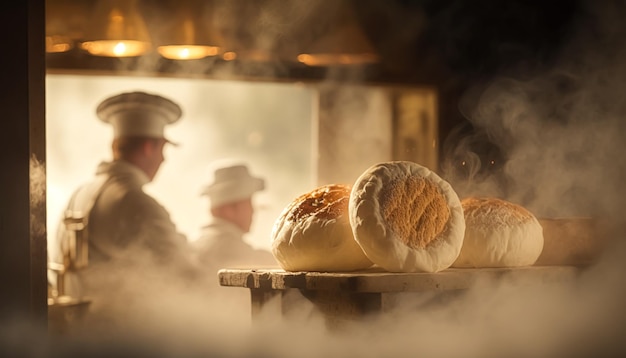 Panaderos horneando pan fresco y pasteles en la panadería del casco antiguo por la mañana productos calientes recién horneados en los estantes y el horno pequeñas empresas locales y producción de alimentos Ai generativo