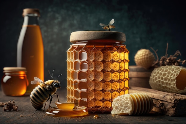 Panal con abejas y tarro de miel generado por IA