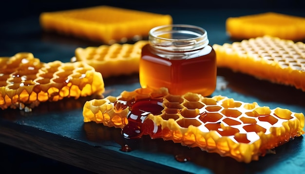 panal amarillo roto con miel en la mesa