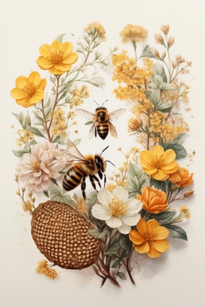 Panal y colmena de abejas en la rama de un árbol con variedad de flores en pintura estética de acuarela 01