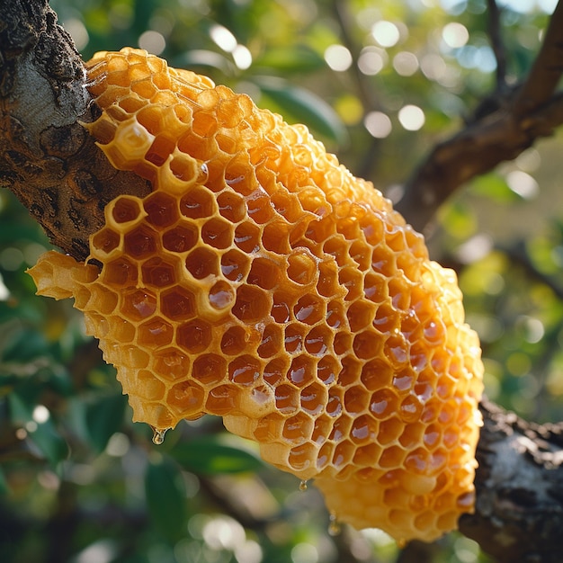 Un panal fresco en el árbol