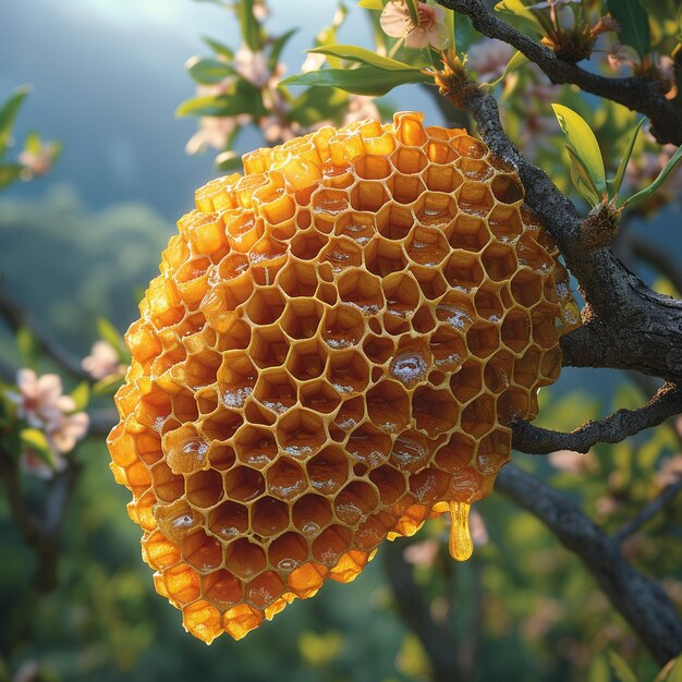 Un panal fresco en el árbol