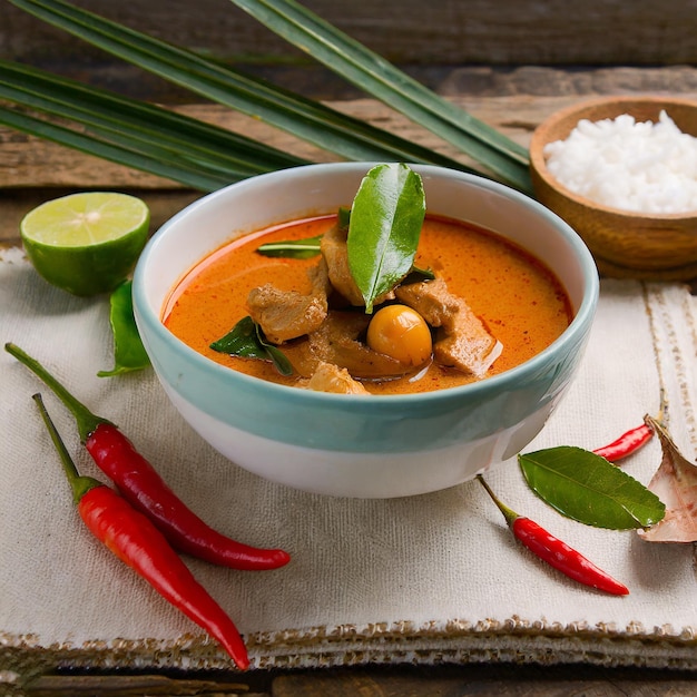 Panang curry com carne de porco estilo de comida tailandesa fundo branco