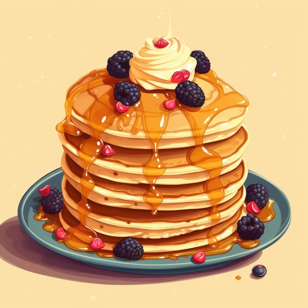 Pancakes deliciosos de primer plano con bayas frescas y jarabe de arce pila de ilustraciones de panqueques