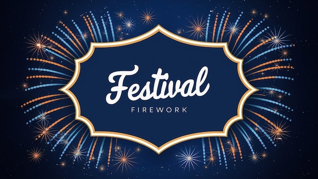 una pancarta azul que dice que el festival está en un fondo azul con fuegos artificiales