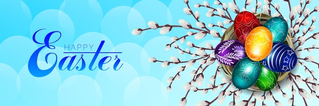 Pancarta brillante de Pascua Texto Felices huevos de Pascua en un nido o canasta con ramas de sauce florecientes
