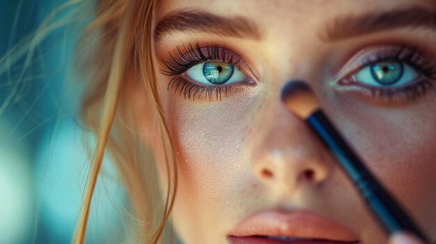 pancarta con una chica en la esquina derecha en el vestuario haciendo maquillaje aplicado a su cara