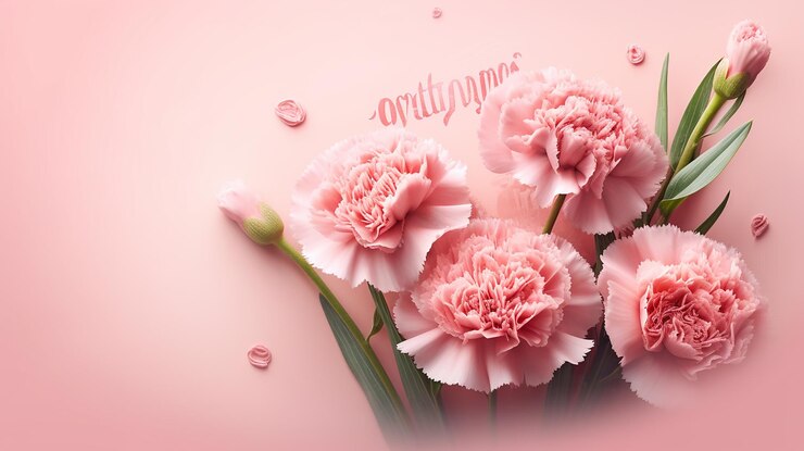 pancarta con claveles rosados sobre fondo rosa hecha por IA generativa