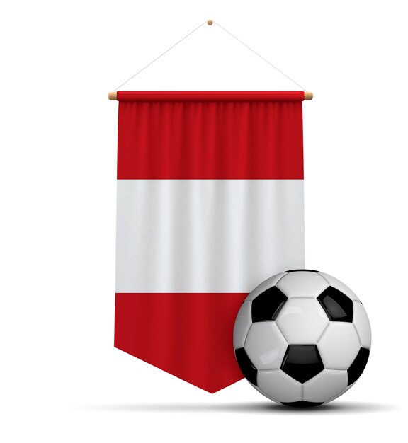 Pancarta colgante de tela de bandera peruana con balón de fútbol 3D Rendering