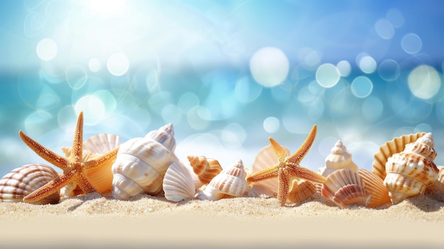 Una pancarta con conchas marinas y estrellas de mar esparcidas en una playa de arena puesta contra un telón de fondo de agua de mar borrosa y chispas brillantes por encima evocando la belleza tranquila de un paraíso costero