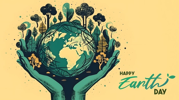 Pancarta del Día de la Tierra Feliz Ilustración de una pancarta del Día de la Tierra feliz para la celebración de la seguridad ambiental Ai generativo Manos sosteniendo la Tierra y los árboles