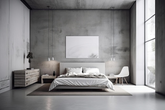 Foto pancarta en un dormitorio gris con una cama con paneles en la pared, una mesa de centro para el sillón, una alfombra, una lámpara colgante y un piso de concreto, una idea para un diseño de hogar contemporáneo