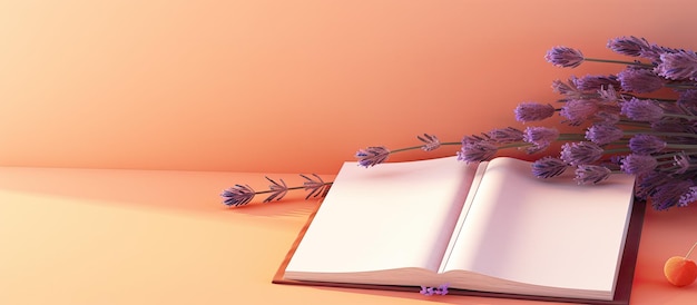 Una pancarta con espacio para texto con un libro naranja o un cuaderno con flores de lavanda en el interior