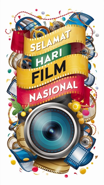 Una pancarta festiva y animada que dice Selamat Hari Film Nasional Feliz Día Nacional del Cine