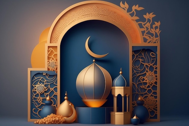 La pancarta festiva islámica moderna en 3D presenta un mensaje de Eid Mubarak en azul cielo y ramadan kareem