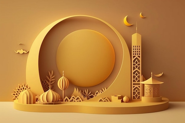 La pancarta festiva islámica moderna en 3D presenta un mensaje de Eid Mubarak en azul cielo y ramadan kareem