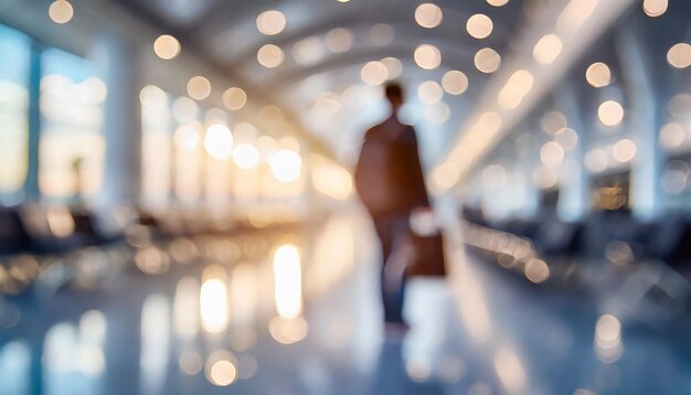 Foto pancarta de fondo borrosa del aeropuerto en el interior de la terminal de pasajeros con bokeh