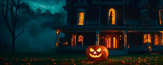 Una pancarta de Halloween con una calabaza frente a una casa embrujada por la noche