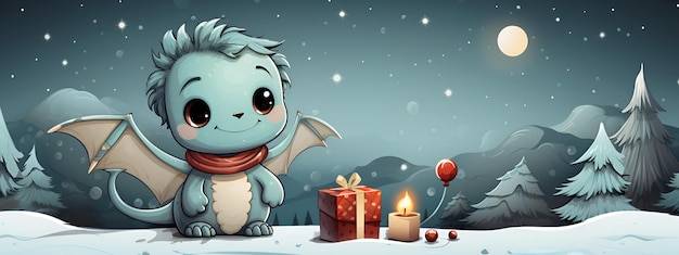 Una pancarta con una ilustración de un lindo bebé dragón lleno de curiosidad explorando un mundo fantástico. Tarjeta de felicitación de Año Nuevo 2024.