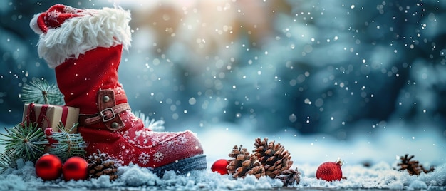 Una pancarta navideña con bolas de zapatos de Papá Noel, bolsas de regalos y conos sobre un fondo nevado, la idea de un año nuevo y vacaciones de invierno, adecuada para una foto, pero no tenemos espacio para ello.