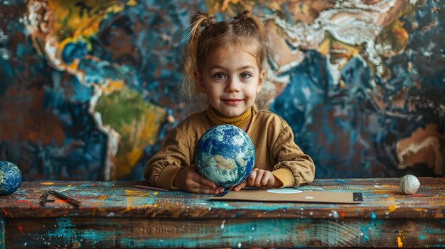 Una pancarta con un niño involucrado en la elaboración de una tarjeta postal con temática planetaria que aboga por la preservación de la Tierra 39.