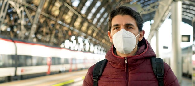 Pancarta panorámica de un joven viajero con mascarilla protectora en la estación de tren con espacio para copiar Transporte público y concepto de salud