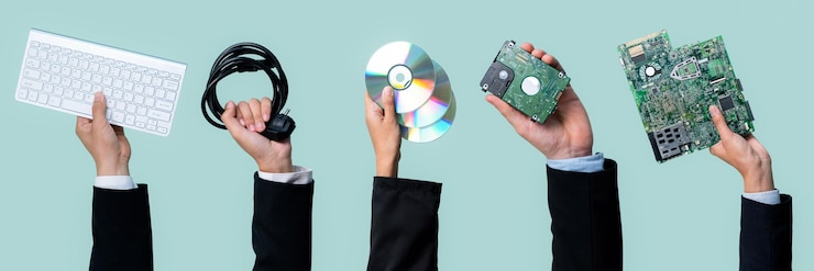 Foto pancarta panorámica que sostiene residuos electrónicos en un fondo aislado política de residuos de reciclaje de econegocios en responsabilidad corporativa reutilización, reducción y reciclaje para un entorno sostenible pintoresco