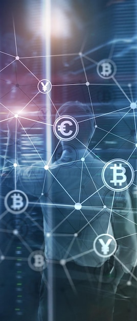 Pancarta panorámica vertical Doble exposición Bitcoin y concepto de cadena de bloques Economía digital y comercio de divisas